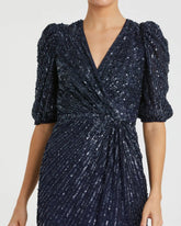 Navy Sequined V-Neck Short Puff Sleeve Midi Dress